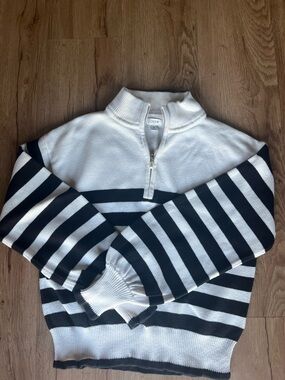J.Crew Pearl Zip Striped Sweater Medium Black White Nautical Half Zip Cotton